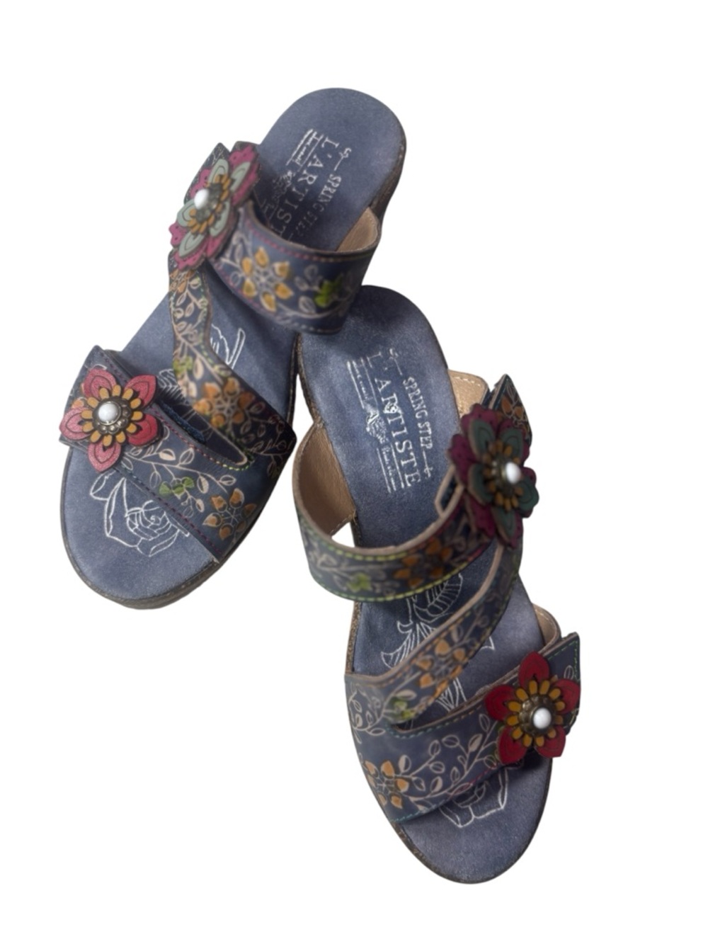 Spring Step Navy Floral Leather Slide Sandals - Women's